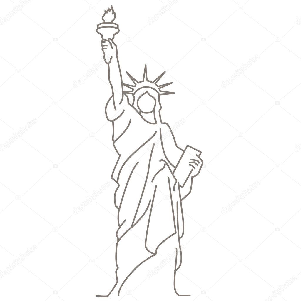 Statue of Liberty sculpture line art is a gift from France to USA designed in a colossal neoclassical style. Is a statue of Roman liberty goddess