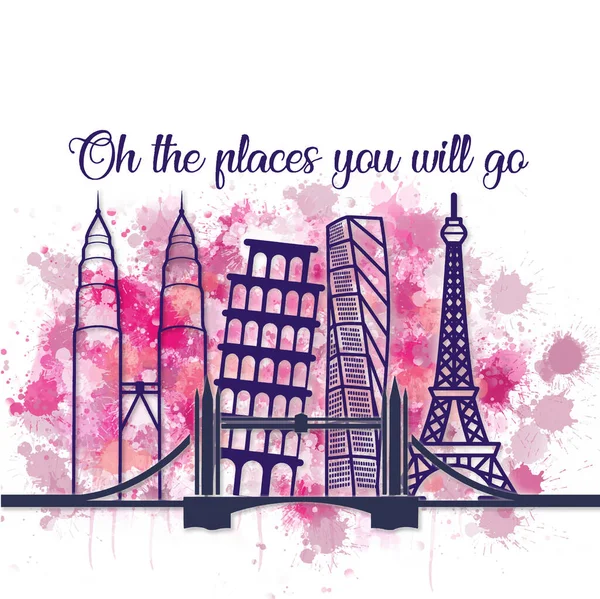 Travel Architecture Quotes World Tourism Day Popular Landmarks Watercolor Doodle — Stockový vektor