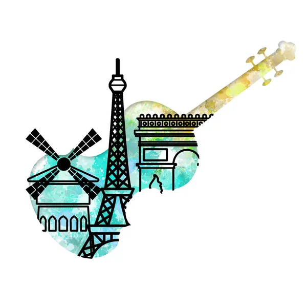 Zene Utazás Építészet Franciaországban Akvarell Doodle — Stock Vector