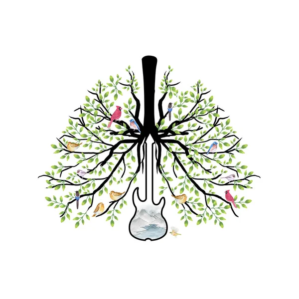 Paisagem Guitarra Com Natureza Aves Formando Anatomia Pulmonar Saudável —  Vetores de Stock