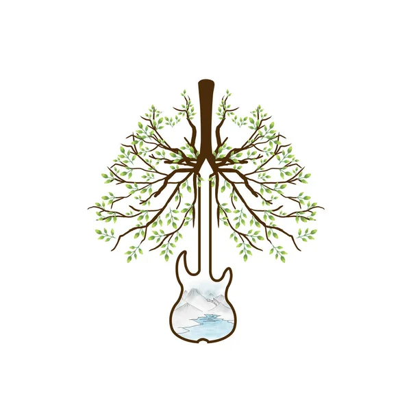 緑の葉と山と健康的な肺を形成するギターの風景 — ストックベクタ