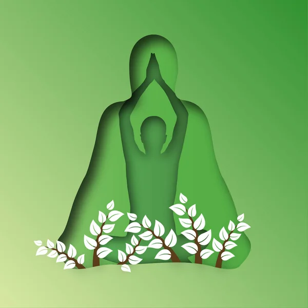 Position Yoga Méditation Papier Stratifié Effet Découpé Vert — Image vectorielle
