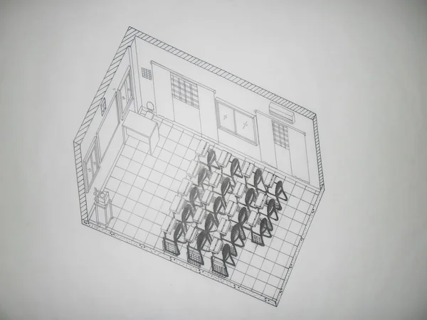 3D ізометричний вигляд класної кімнати з кресленнями столів — стокове фото