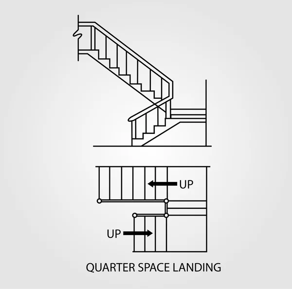 Vue de dessus et vue de face d'un escalier avec atterrissage dans l'espace quart — Image vectorielle