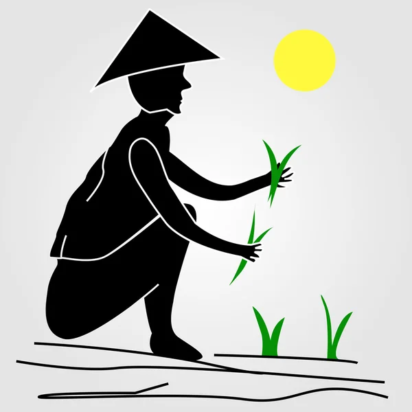 Un agricultor trabajando en campos de arroz bajo el sol — Archivo Imágenes Vectoriales