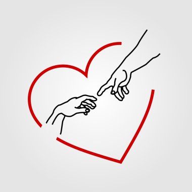 Hands showing the creation of Adam in a red heart clipart