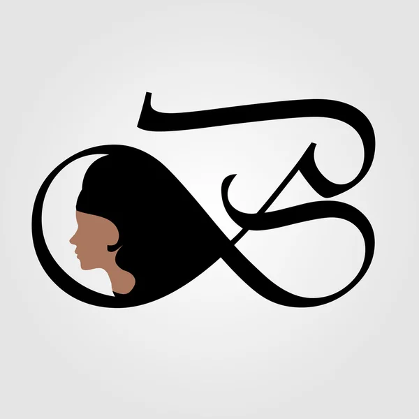 Profile of a lady with long black hair forming the letter B — Stock Vector