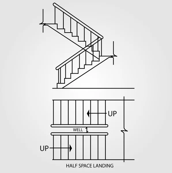 Top view and front view of a half space landing staircase — Stock Vector