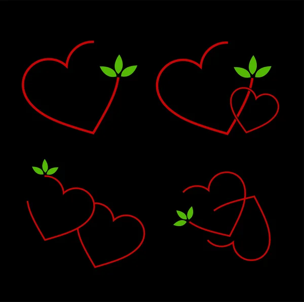 Set of logos with red hearts and green leaves — Stock Vector