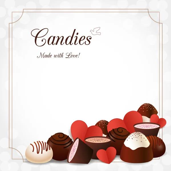 Chocolate candies and paper hearts — Stock Vector