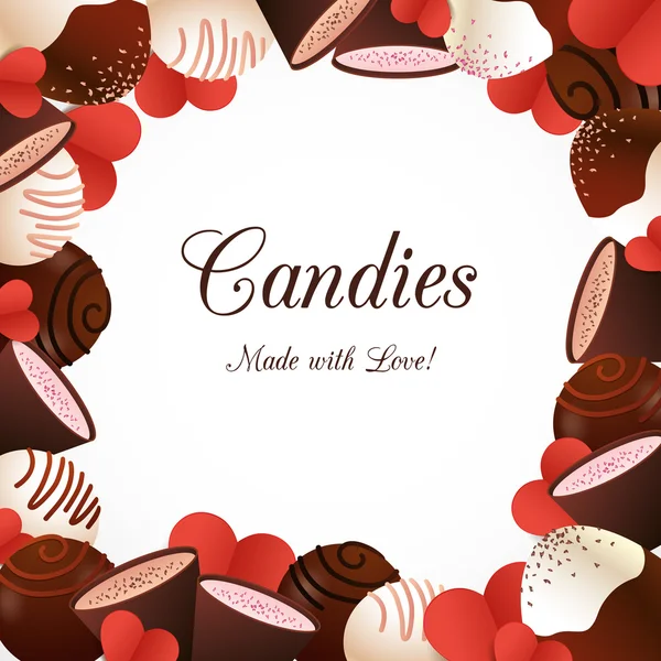 Frame from chocolate candies and hearts — Stock Vector