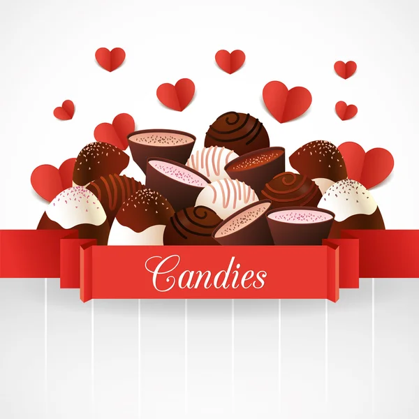 Chocolate candies, hearts and ribbon — Stock Vector