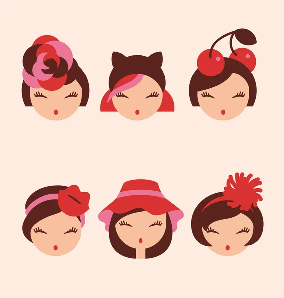 Filles de mode dans la tête accessoires icône set illustration vectorielle — Image vectorielle