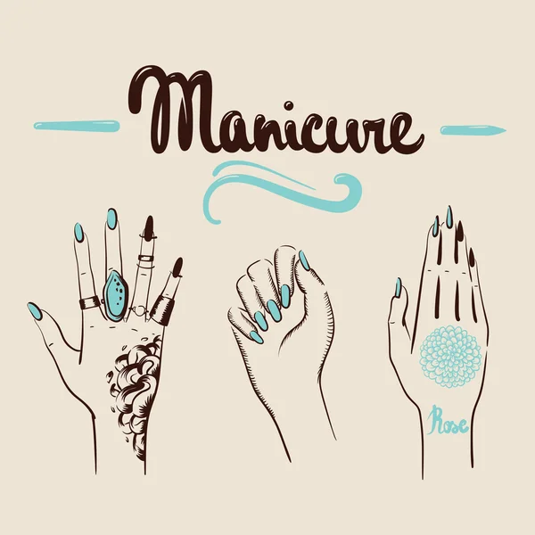 Donna mani con manicure e tatuaggi illustrazione vettore — Vettoriale Stock