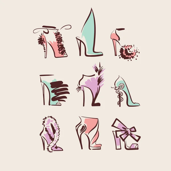 Colección de zapatos de mujer dibujado a mano — Vector de stock