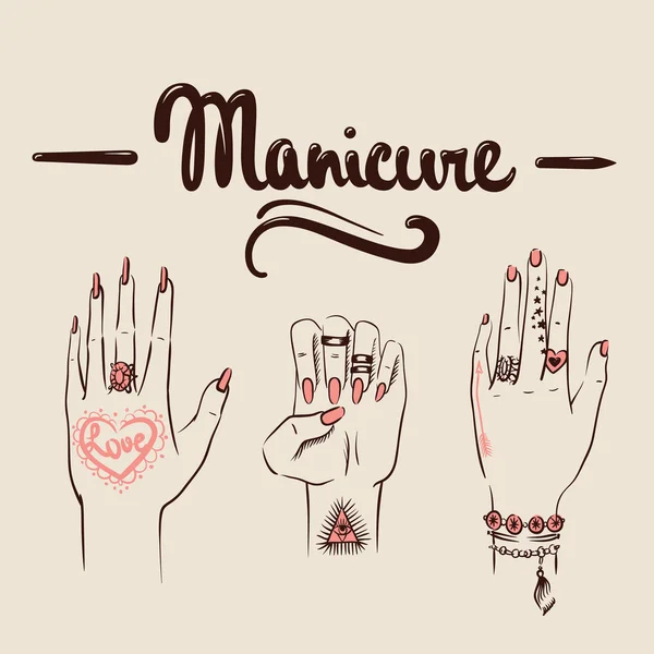 Mãos de mulher com manicure e tatuagens vetor ilustração —  Vetores de Stock