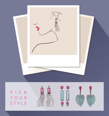 Beautiful woman wearing earrings. Mock up with different styles of earrings