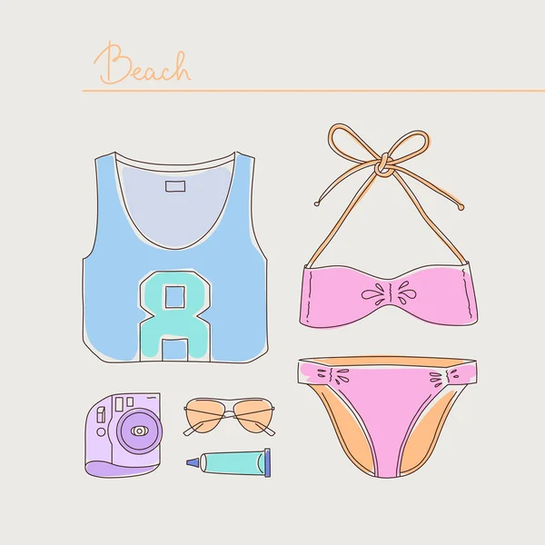 Summer collection of woman bikini, clothes and accessories lying — 图库矢量图片