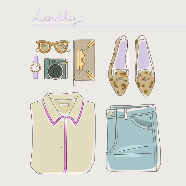 Collection of woman clothes, shoes and accessories lying organiz — Wektor stockowy