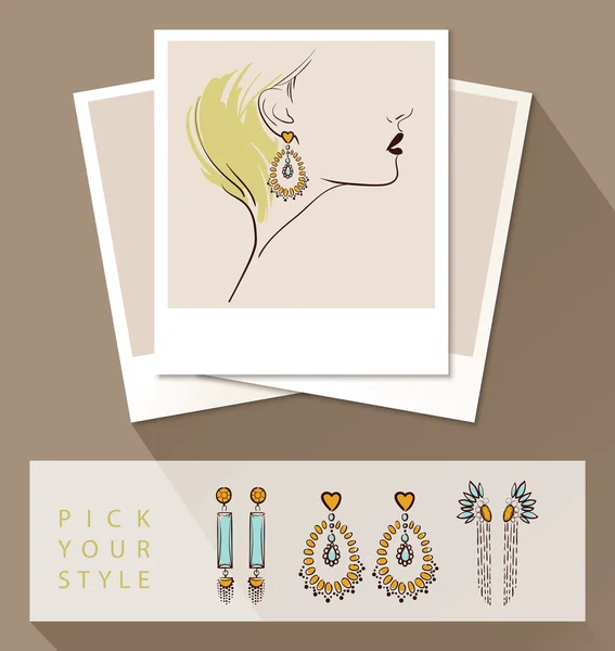 Beautiful woman wearing earrings. Mock up with different styles of earrings — 图库矢量图片