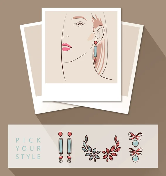 Beautiful woman wearing earrings. Mock up with different styles of earrings — 스톡 벡터