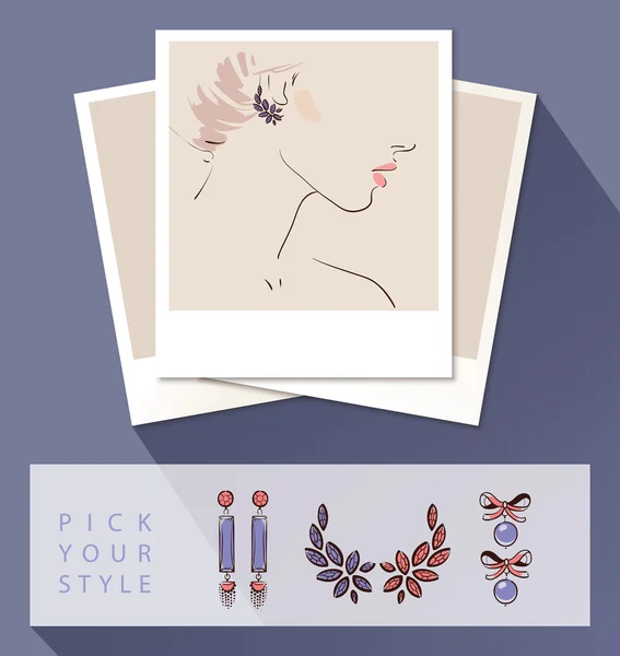 Beautiful woman wearing earrings. Mock up with different styles of earrings — Stock Vector
