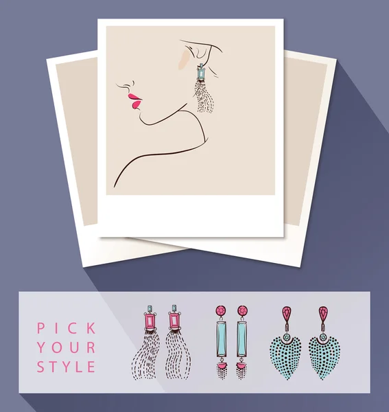 Beautiful woman wearing earrings. Mock up with different styles of earrings — 图库矢量图片