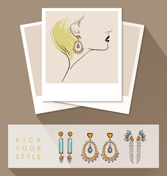 Beautiful woman wearing earrings. Mock up with different styles of earrings — Wektor stockowy