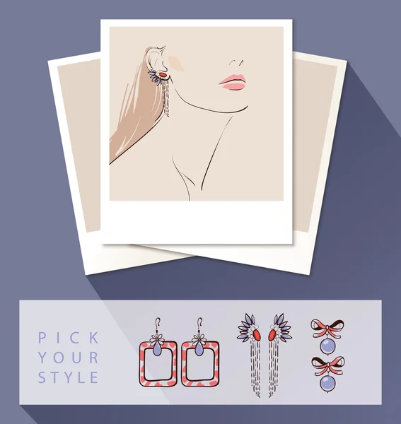 Beautiful woman wearing earrings. Mock up with different styles of earrings — Wektor stockowy