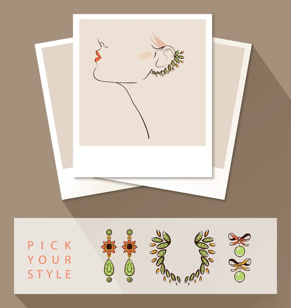 Beautiful woman wearing earrings. Mock up with different styles of earrings — Wektor stockowy