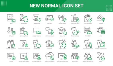 New Normal condition in Coronavirus Covid 19 pandemic era, editable outline icons set isolated on white. Perfect thin outline icon style clipart