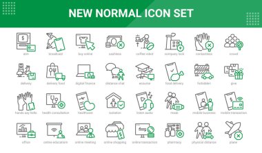 New Normal condition in Coronavirus Covid 19 pandemic era, editable outline icons set isolated on white. Perfect thin outline icon style clipart