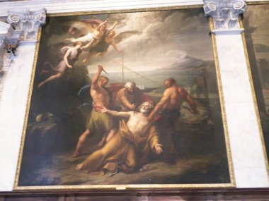 PISA, TUSCANY, ITALY, 21 Eylül 2019: Piazza del Duomo in Pisa. Primatial Metropolitan Katedrali 'ndeki Fresque. Pisa 'daki Piazza del Duomo dünyanın en iyi mimari komplekslerinden ve Avrupa' nın önemli merkezlerinden biridir.