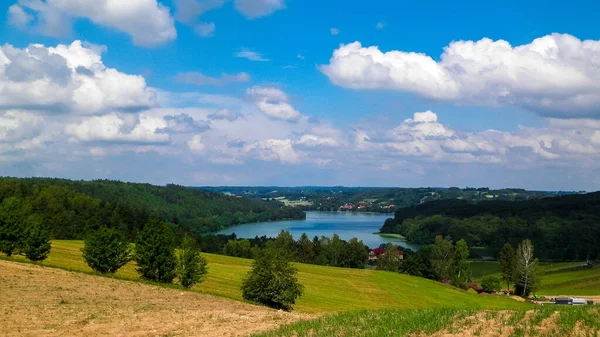 Gyönyörű Kilátás Nyílik Ostrzyckie Tóra Wiezyca Régió Dombjaira Pomeránia Kashubia — Stock Fotó