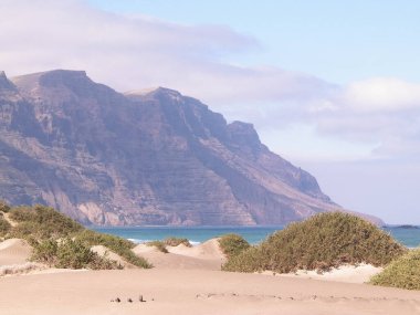 Plaj ve Dağlar - Caleta de Famara 'nın güzel kıyıları, Lanzarote Kanarya Adaları. Caleta de Famara 'daki plaj sörfçüler arasında çok popüler..