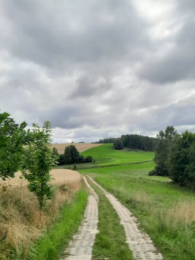 Kashubia 'daki çayır üzerinde kara bulutlar. Yağmurlu hava geliyor. Kuzey Polonya 'nın güzel doğası.