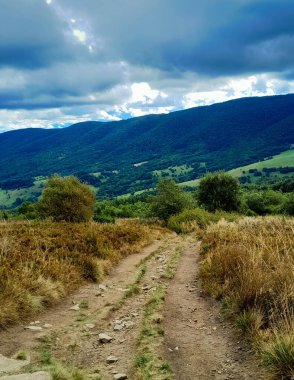 Dağın tepesinden Bieszczady 'nin güzel manzarası. Dağ turizmi.