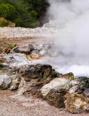 Sao Miguel Adası 'ndaki Furnas' ta termal banyo ve kaplıcalarda. Azores. Turistik atraksiyon.