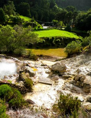 Sao Miguel Adası 'ndaki Furnas' ta termal banyo ve kaplıcalarda. Azores. Turistik atraksiyon.