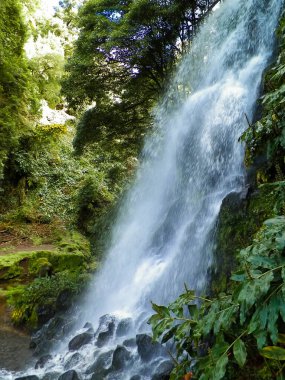 Azores 'de inanılmaz bir şelale. Sao Miguel Adası. Doğanın güzelliği.