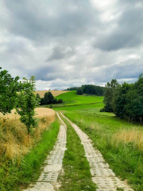 Kashubia 'daki çayır üzerinde kara bulutlar. Yağmurlu hava geliyor. Kuzey Polonya 'nın güzel doğası.