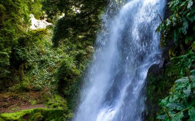 Azores 'de inanılmaz bir şelale. Sao Miguel Adası. Doğanın güzelliği.