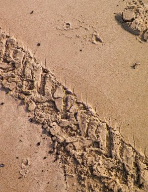 Çölün veya kumsalın üzerindeki lastik izleri. Doğal arka plan. Offroad ve seyahat kavramı.