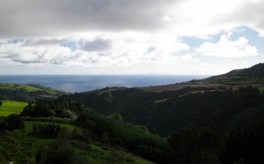 Tipik Azores manzarası. Arka planda doğal yeşil arazi tepeleri ve deniz. Doğanın güzelliği konsepti.