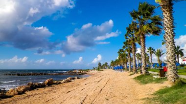 Kıbrıs adasındaki Paphos 'ta park alanı ve plaj. Egzotik iklim ve seyahat kavramı.