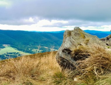 Dağın tepesinden Karpatların güzel manzarası. Doğanın güzelliği.