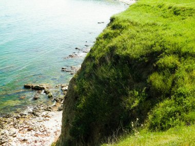 Karadeniz kıyısındaki kayalıklarda yeşil çimenler. Romanya 'nın Dobrogea bölgesinin Vama Veche kentindeki kayalıkların manzarası ve plajlar. Doğa ve seyahat kavramı.