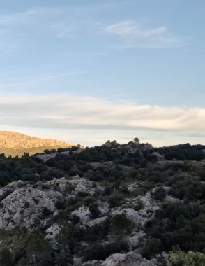 Overhelming view from top of Serra de Traumuntana mountains on Mollorca. Golden Hour. Beauty of nature.