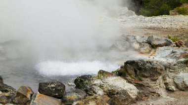 Sao Miguel Adası 'ndaki Furnas' ta termal banyo ve kaplıcalarda. Azores. Turistik atraksiyon.