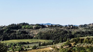 Tepeler, tarlalar ve çayırlar - tipik Toskana manzarası, İtalya. Seyahat, doğa ve tarım kavramı. Güneşli bir sonbahar günü, İtalya 'da tatiller. Boşluğu kopyala.